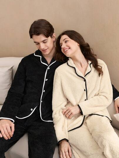 SHEIN EverLounge Old Money Men's Contrast Trim Fluffy Front Button Long Sleeve Top And Pants Pajama Set Friends Black Sleep Furry Warm, Fall/Winter Clothes