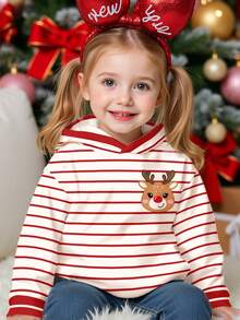 SHEIN Happikins Christmas Burgundy Striped, Cute Christmas Cartoon Reindeer Pattern, Baby Girl Casual Minimalist Thick Warm Soft Sweatshirt, Suitable For Autumn/Winter Daily Wear, New Year, Street Style, Holiday - Multicolor - View 3