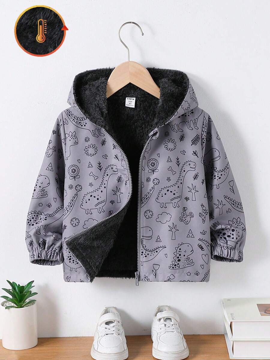 SHEIN Genkimix Kids 年轻男孩休闲时尚全身印花连帽夹克，保暖内衬，拉链开合，秋冬