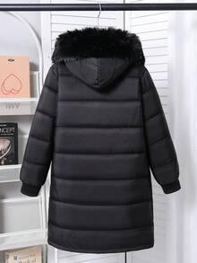 1pc Black Long Casual Style Black Stitching Crafted Long Sleeve Straight Hem Hooded Fur Collar Thick Winter Commute Daily Warm Fashion Versatile Girls Padded Coat - Black - View 2