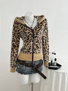 Elamini Women's Leopard Print Double-Sided Thermal Lined Thick Fluffy Collar Fitted Zip-Up Hooded Jacket With Pockets, Suitable For Autumn/Winter Outings, Parties, School, Commute, Office, Casual, Vintage Daily Wear - Multicolor - View 4