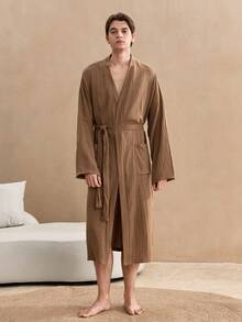 EverLounge 100%纯棉 Old Money 男士简约纯色纹理双口袋睡袍，秋季棕色长袍，适合度假和冬季穿着 - 棕色 - 查看 3