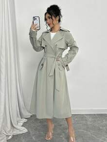 Selianne Women's Solid Front Button Pocket Simple Casual Trench Coat Fall Winter Cloth For Women - Green - View 6