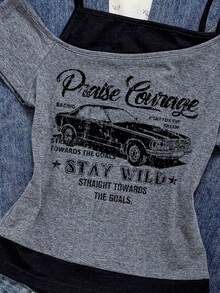 Attitoon Women's Casual Vintage Color-Block 2 In 1 Short Sleeve T-Shirt With Vintage Vehicle Graphic, Y2K Style, Streetwear, Vintage, Back To School, Retro, Fall, Vacation, Casual, Autumn And Winter, Hip-Hop, Core Aesthetic Style, Gothic, Cybersigilism, Gyaru - Multicolor - View 6