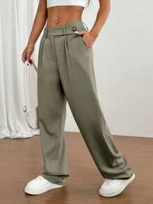 Flirla 1 件女士不对称腰部休闲、日常、通勤、购物卡其裤 - 橄欖綠 - 查看 6