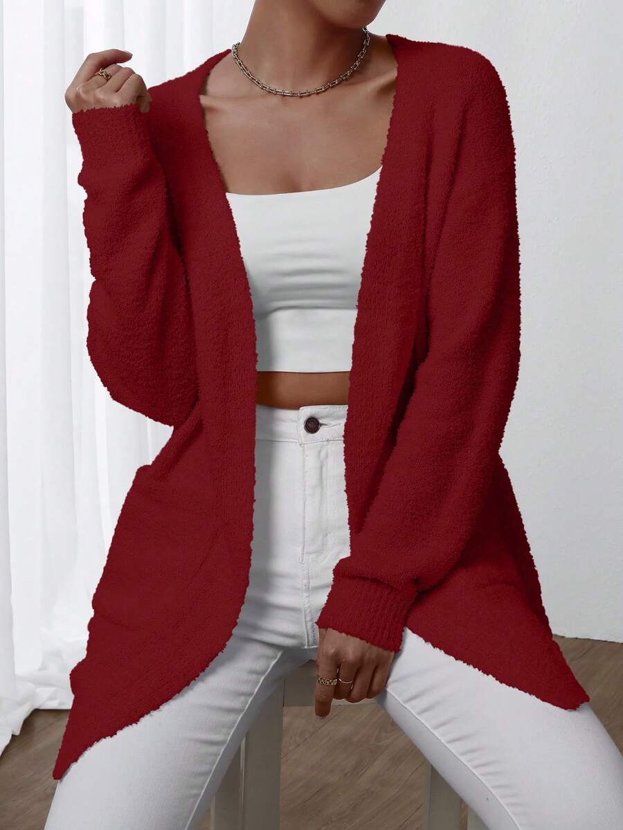 EMERY ROSE Áo len cardigan lông cừu một mặt cổ chữ V tối giản đơn sắc dành cho nữ - Màu Đỏ Sâu - Xem 1