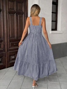 Pariaura 女式 V 领条纹交叉设计连衣裙 - 藍白色 - 查看 2