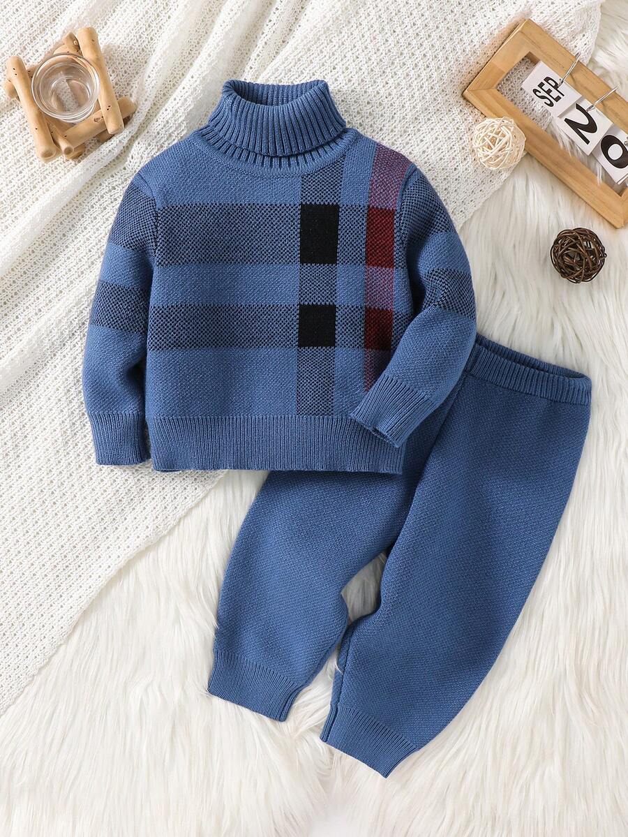 SHEIN 2pcs/Set Baby Boy/Girl Casual High Neck Plaid Sweater And Jogger Pants Set, Suitable For Autumn/Winter Wear - Dusty Blue - View 1