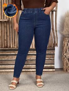 EMERY ROSE Quần jean bó cạp chun co giãn mùa đông cỡ lớn cho nữ - Rửa tối - Xem 1