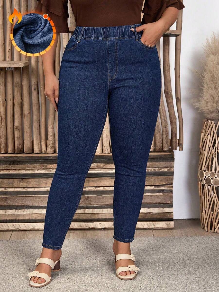 EMERY ROSE Quần jean bó cạp chun co giãn mùa đông cỡ lớn cho nữ - Rửa tối - Xem 1