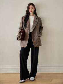 Dazy-Less 女式格子羊毛西装外套，宽松商务休闲办公室通勤夹克，秋冬 - 棕色 - 查看 2