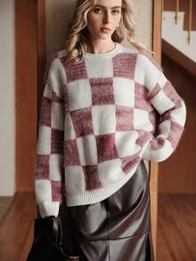 Uhlyne Uhlyne Christmas Wool Blend Sweater,Round Neck Long Sleeve Loose Fit Red&White Minimalist Elegant Casual Autumn Everyday High-End,Holiday Party Wear - Red and White - View 1