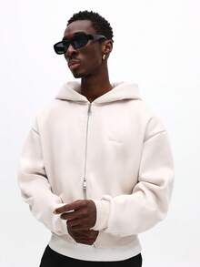 SUMWON 厚重短款全拉链连帽衫，配有抽绳兜帽和中央口袋，带来日常休闲舒适体验 - 卡其色 - 查看 5