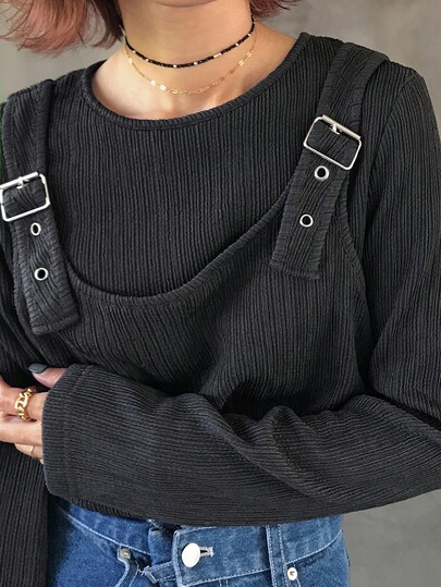 FRIFUL Women's Vertical Texture 2 In 1 Adjustable Strap Loose Long Sleeve Casual Street Wear T-Shirt