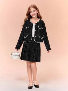 青少年女孩优雅仿珍珠饰边夹克和裙子套装，秋季 - 黑色 - 查看 4