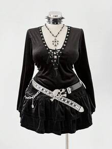 Sunspun Plus Size Dark Gothic Style Cross Strap Long Sleeve Top And Skirt 2 Pieces Set - Black - View 1