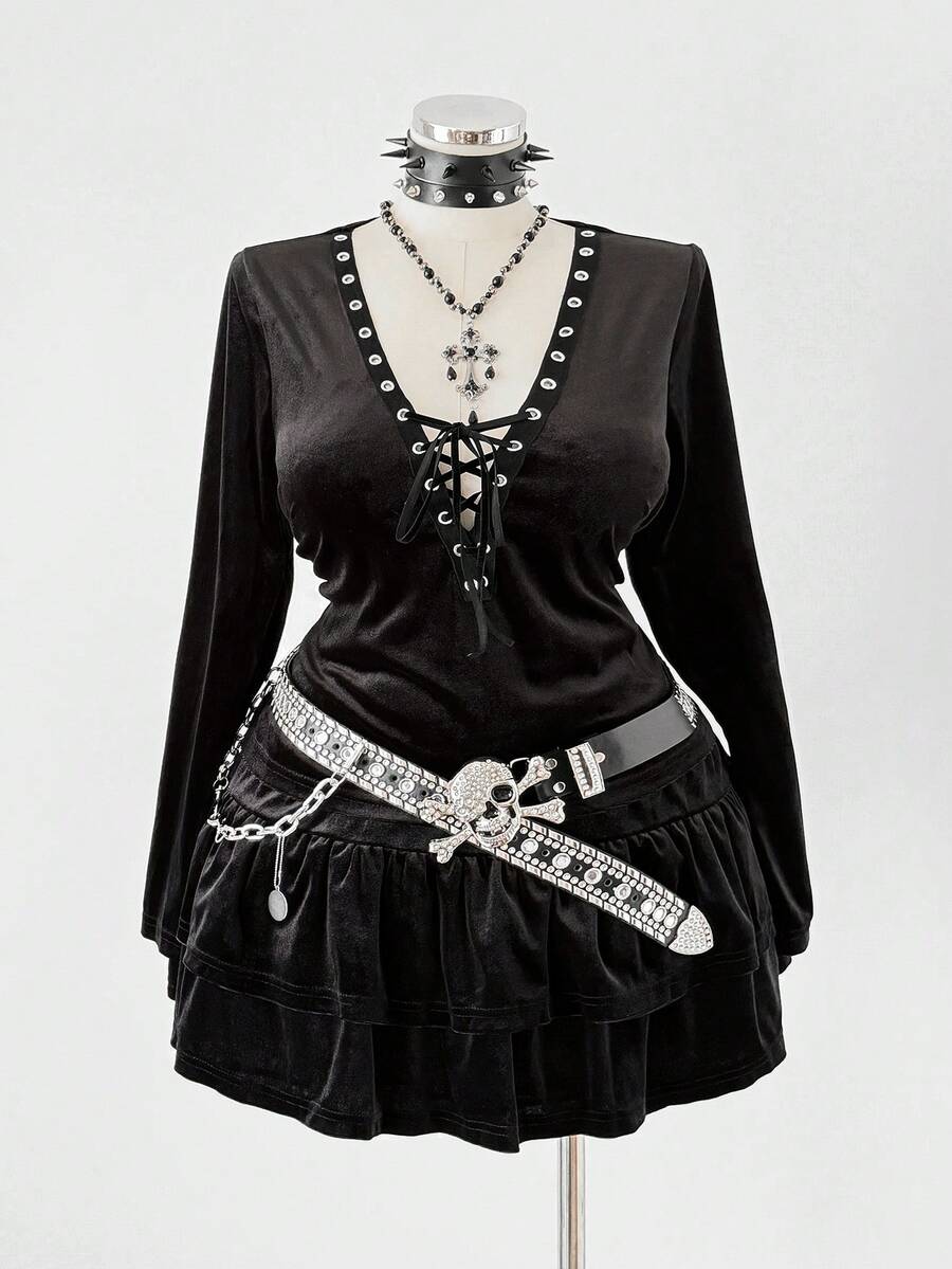 Sunspun Plus Size Dark Gothic Style Cross Strap Long Sleeve Top And Skirt 2 Pieces Set - Black - View 1