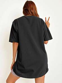 EMERY ROSE 大码休闲圣诞老人、驯鹿和雪人图案印花宽松中长款短袖圆领T恤女款 - 黑色 - 查看 2