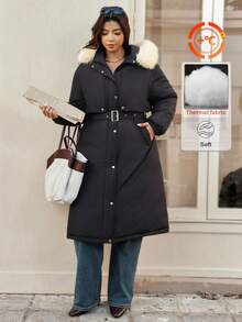 Vionelle Plus Size Long Sleeve Fur Collar Casual Coat With Belt - Black - View 4