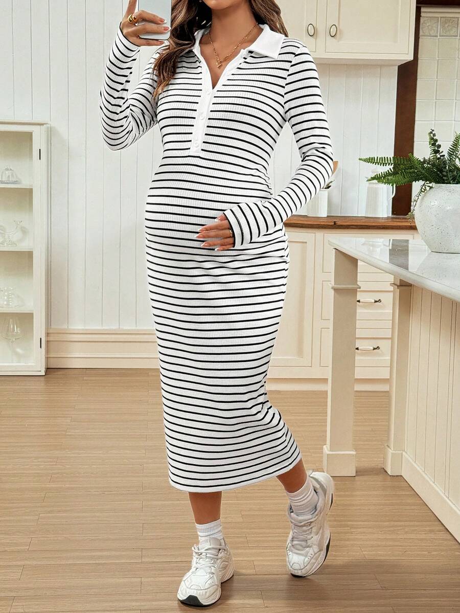 SHEIN Vestido midi casual para maternidade, estampa listrada, meio botão frontal, justo, primavera/outono