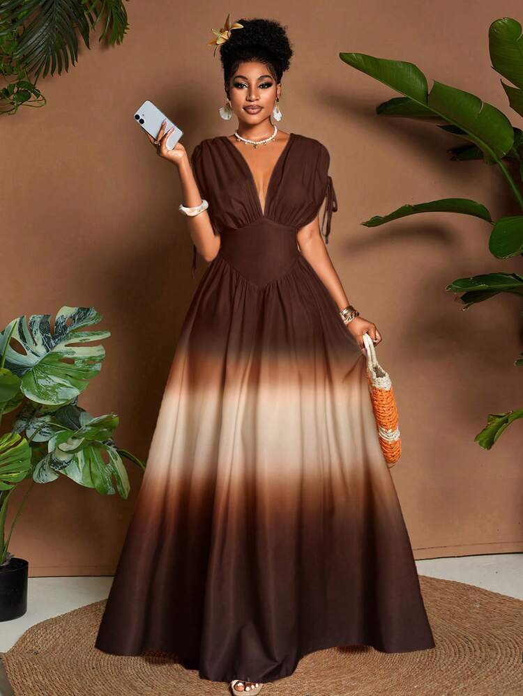 Eryvara Women Ombre Print V-Neck A-Line Maxi Dress,All Shades Of Brown, Summer,Tropical,Holiday,Tea Party,Vacation,Holiday Wedding Guest Graduation  Boho Outfit | SHEIN USA