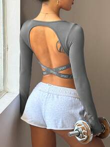 Slayform 女式印花露背长袖运动T恤和背心 - 灰色 - 查看 5