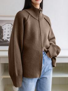Dazy-Less Women's Loose Business Casual Chic Street Elegant Stand Collar Cardigan Sweater, Color Block, Autumn/Winter - Brown - View 5