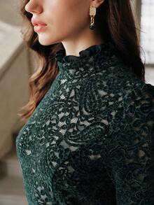 Anewsta Savoree Romantic Elegant High Neck High Waist Fitted Lace Dress, Suitable For Formal Occasions, Winter, Fall - Green - View 2