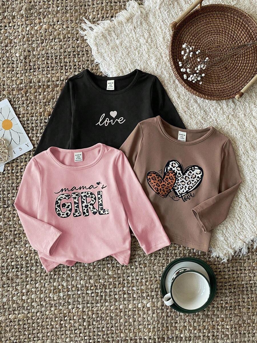 SHEIN Bộ 3 áo thun dài tay in chữ cho bé gái, Bộ đồ dễ thương, dễ phối đồ, Mùa thu - Nhiều màu - Xem 1
