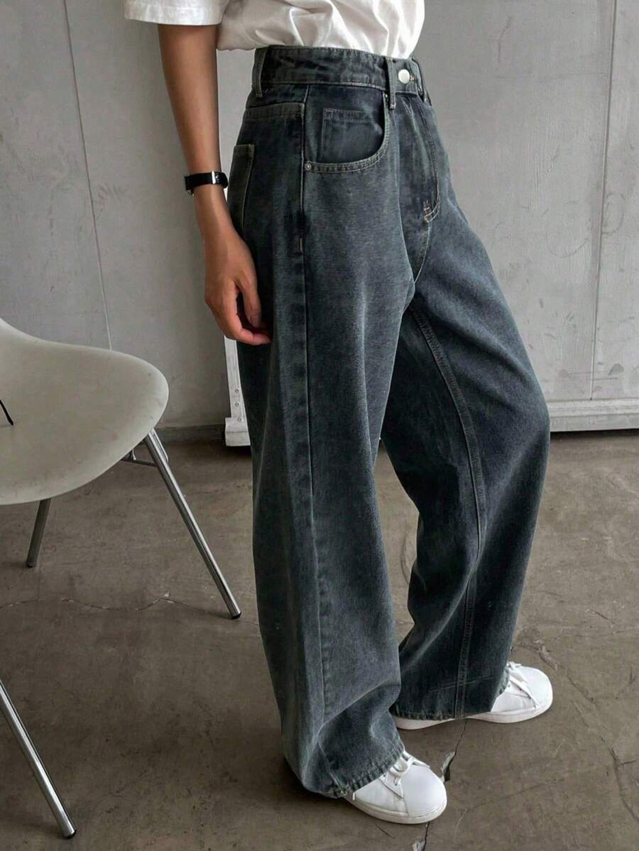 DAZY Quần Jeans Ống Rộng Dài Màu Trơn Thường Ngày Mùa Xuân/Thu Cho Nữ - Màu xanh lam - Xem 1