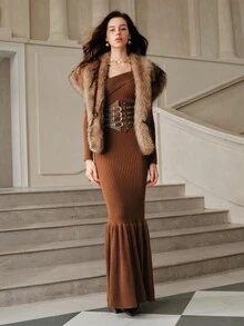 Anewsta Savoree Women's Fitted Solid Color Knit Sweater Dress, Autumn/Winter - Coffee Brown - View 7