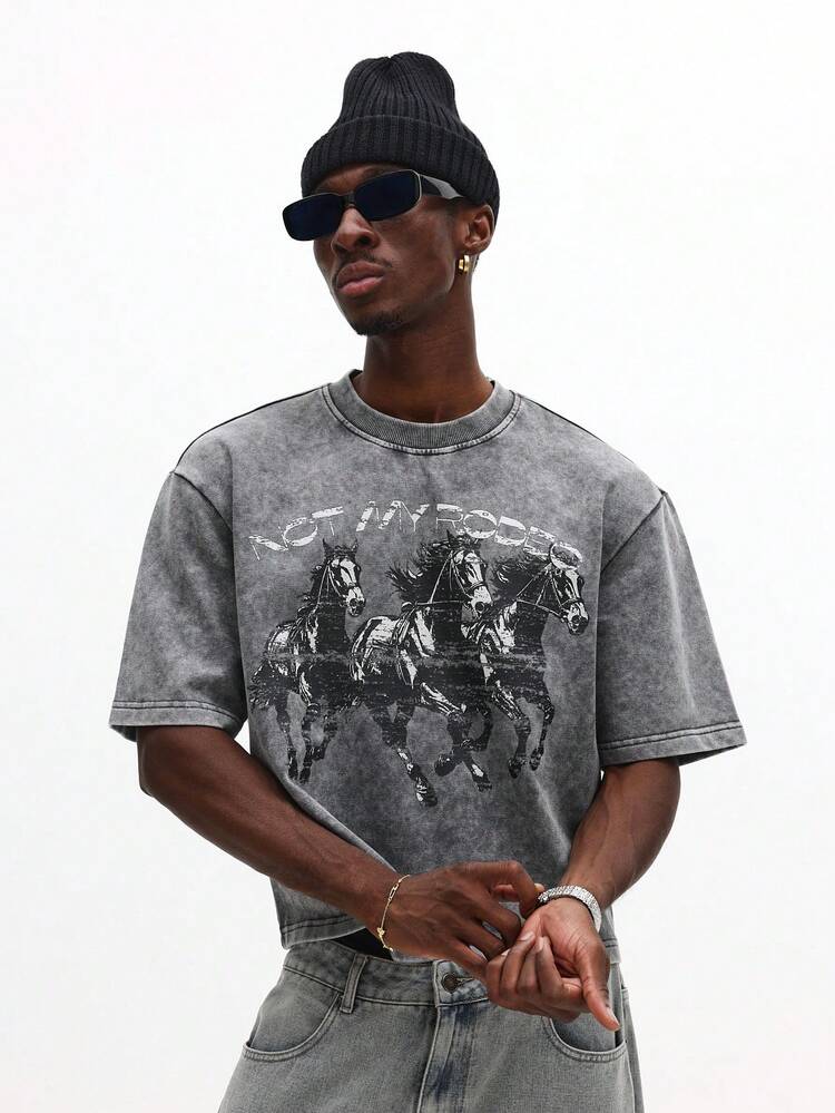 SUMWON Crop Fit Crew Neck Short Sleeve T Shirt With Horse Print Graphic Design Casual Cotton Tee