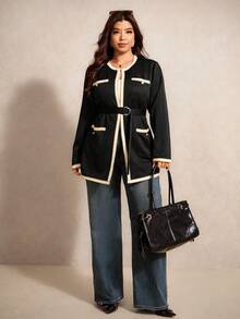 Elaquor Plus Size Elegant Commuter Color Block Ribbon Jacket Autumn Winter Clothes For Women - Black - View 1