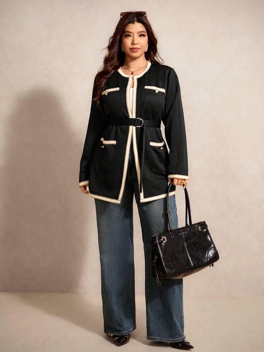 Elaquor Plus Size Elegant Commuter Color Block Ribbon Jacket Autumn Winter Clothes For Women - Black - View 1