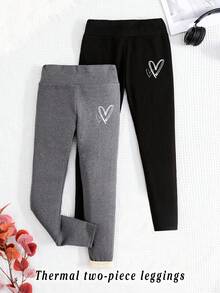SHEIN 2 件套青少年女孩休闲百搭保暖内衬高腰心形印花打底裤，黑色和灰色，秋冬 - 彩色 - 查看 3