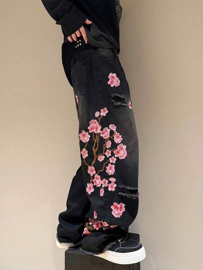 STEELVANCE Jeans anchos de pierna ancha con lavado y bordado de flor de ciruelo, estilo grunge