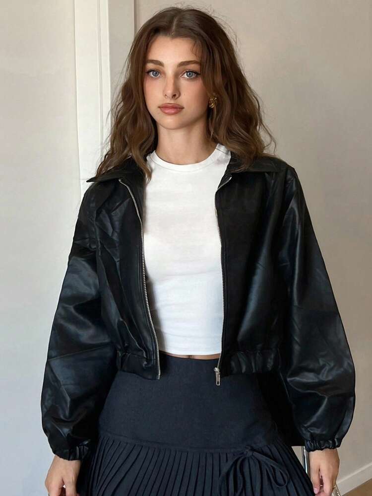 1pc Women's Solid Color Front Zipper Long Sleeve Pocket Minimalist PU Jacket,Fall Women Clothes Leather Jacket