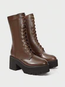 Sugerpunk 女士时尚棕色厚底摩托车中筒靴，街头风格 - 棕色 - 查看 2