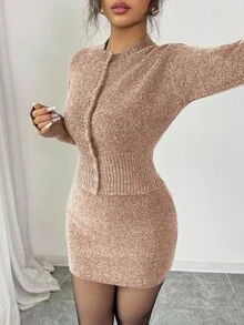 Elenzga 2pcs/Set Dark Grey Waist Cinching Bodycon Sweater Dress For Women, Slimming, Autumn/Winter - Camel - View 5