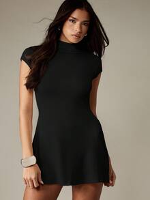 MISSGUIDED Ribbed Knit Crew Neck Mini Dress Bodycon Fitted Short Sleeve Fall Winter Casual - Black - View 6