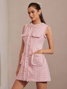 Enchnt 这款浪漫的粉色碎花粗花呢连衣裙，饰有流苏、格纹细节以及精致的珍珠和水钻，是一款无袖的可爱公主迷你裙，非常适合秋冬季节穿着。时尚优雅，适合派对、约会、节日、毕业典礼、办公场合、郊游、万圣节、圣诞节等各种场合。也适合作为秋季女装、秋季套装、秋季套装、嘉年华和新年装扮。 - 藍色 - 查看 6