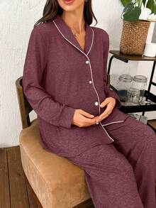 SHEIN Moonlight & Mama Women's Contrast Trim Collar Long Sleeve Top & Pants Loose 2 Piece Comfy Pajamas Set, Winter