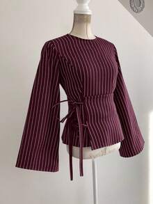 Siren Gaze Áo sơ mi nữ dáng ôm dáng đi làm có chi tiết thắt eo Áo sơ mi sọc cổ tròn tay dài dành cho nữ, thích hợp mặc đi làm và đi làm công sở Giáo viên nữ Mùa đông Giáng sinh Đỏ Năm mới Đỏ tía - Màu Đỏ Sâu - Xem 8