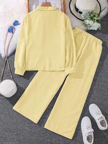 INAWLY 2 件套休闲通勤宽松前开衬衫和松紧腰直筒裤套装 - 黃色 - 查看 2