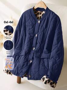 CosyJoli Cappotto imbottito casual di taglia grande con stampa leopardata e colore a contrasto - Blu Navy - Visualizzare 1