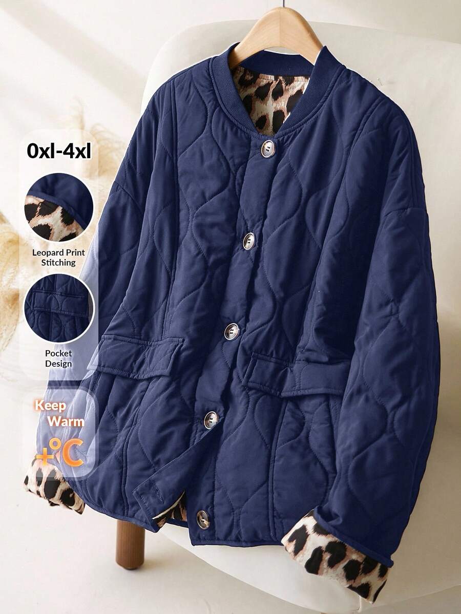 CosyJoli Cappotto imbottito casual di taglia grande con stampa leopardata e colore a contrasto - Blu Navy - Visualizzare 1