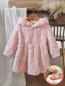 Vintaside Kids Babygirl 女婴秋冬长袖连帽提花毛绒保暖时尚连衣裙，适合居家休闲、户外活动或度假，为秋冬穿着提供舒适时尚的外观 - 粉色 - 查看 3