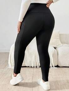 SHEIN 孕妇大码休闲纯色修身裤 - 黑色 - 查看 2