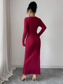 Rafferiza Burgundy Autumn Elegant Dining Women Red Dress, Party Hot Brick Pleats Waist Hem Slit Hip Wrap Shiny Long Christmas New Year Dress For Ladies - Red - View 2
