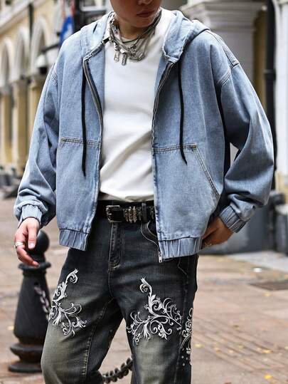 Street Life جاكيت جينز كاجوال مزودة بقبعة مع سحاب أمامي وأكمام طويلة منسدلة للرجال في فصل الخريف